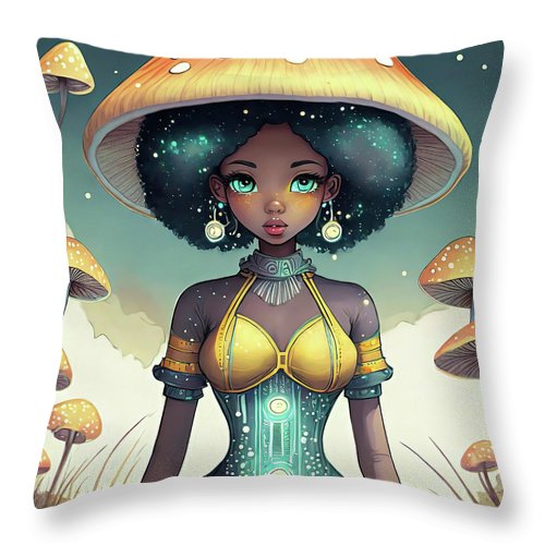 Black Queen In A Mushroom Forest  - Throw Pillow