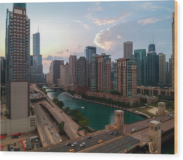 Chicago Skyline Sunset 2 - Wood Print